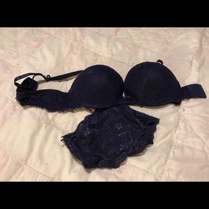Navy blue lace bra with cheeky panties